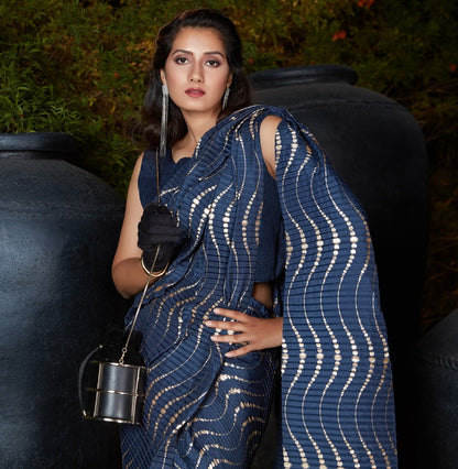 Navy blue silk foil print with platting work designer saree
