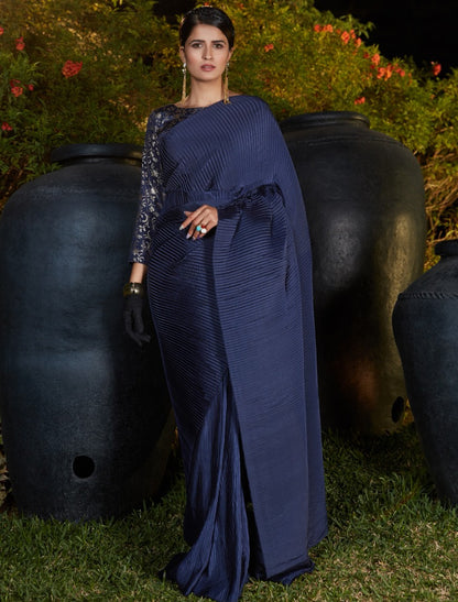 Navy blue silk platting work party wear designer saree