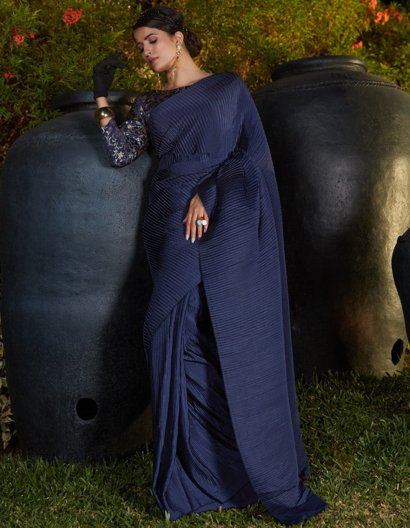 Navy blue silk platting work party wear designer saree