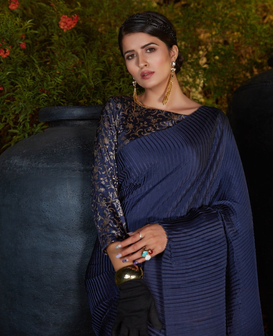 Navy blue silk platting work party wear designer saree