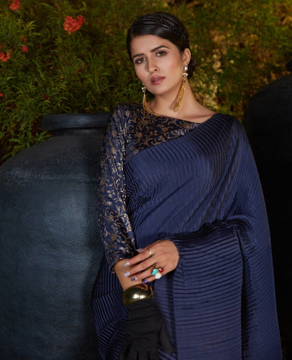Navy blue silk platting work party wear designer saree