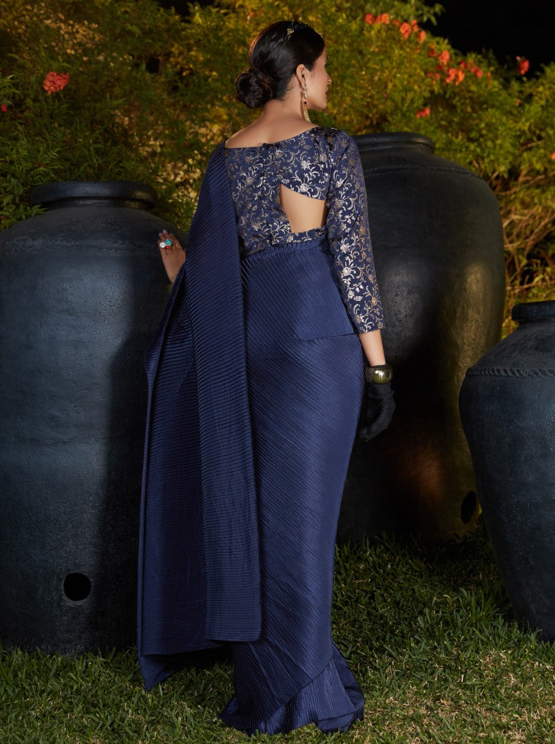 Navy blue silk platting work party wear designer saree