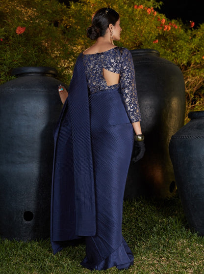 Navy blue silk platting work party wear designer saree