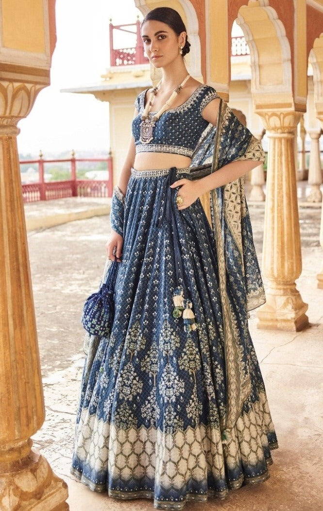Navy blue silk printed flared lehenga choli