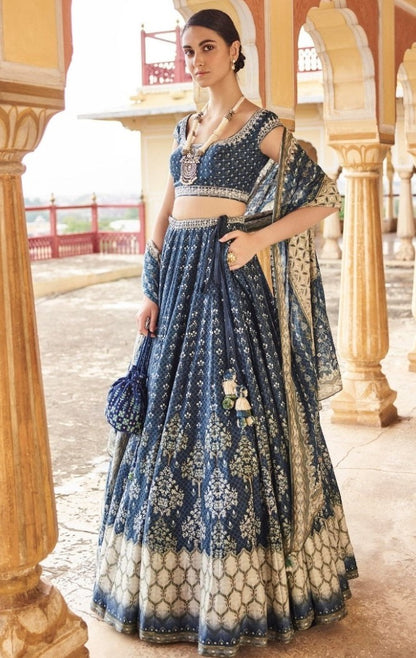 Navy blue silk printed flared lehenga choli