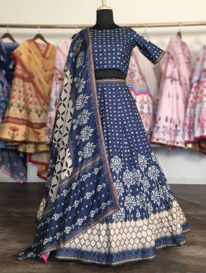 Navy blue silk printed flared lehenga choli