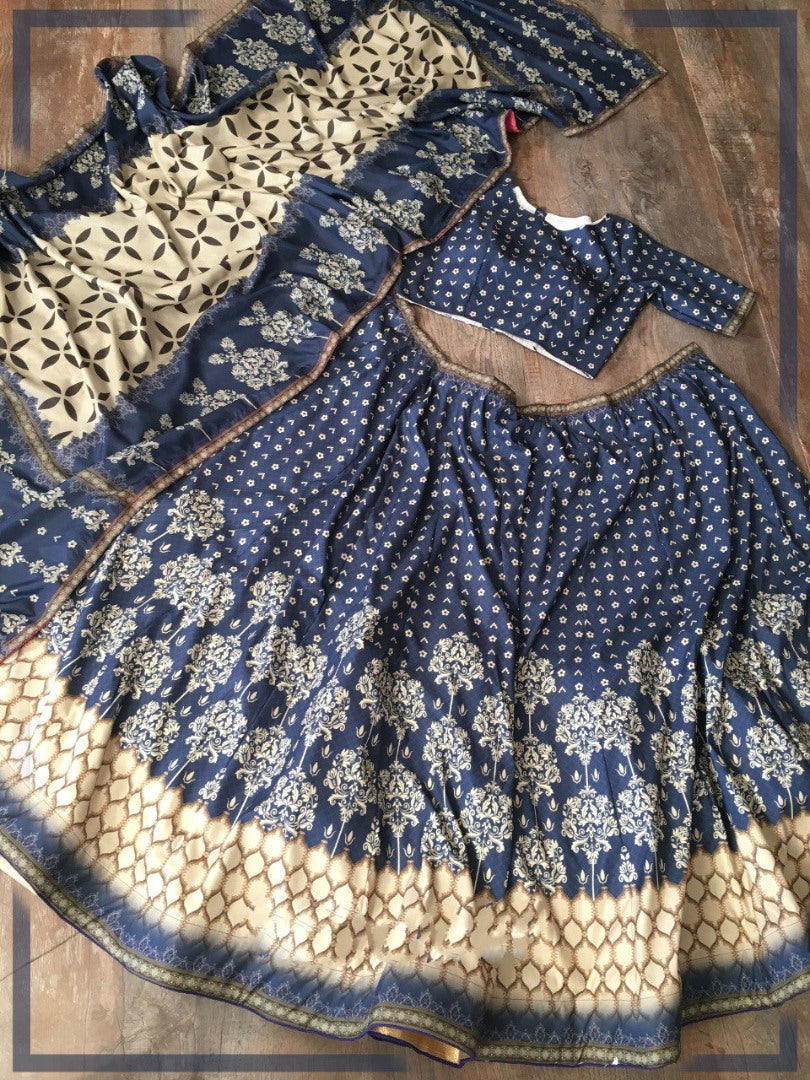 Navy blue silk printed flared lehenga choli