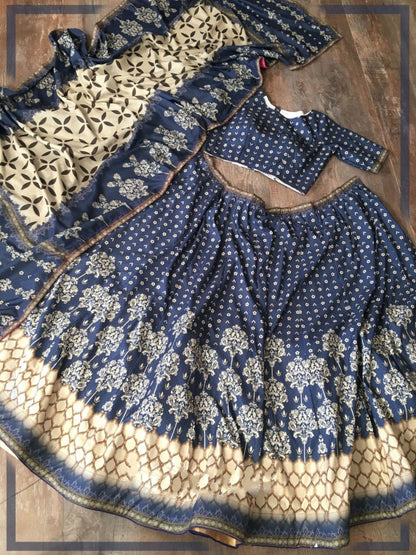 Navy blue silk printed flared lehenga choli
