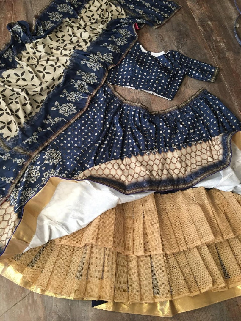 Navy blue silk printed flared lehenga choli