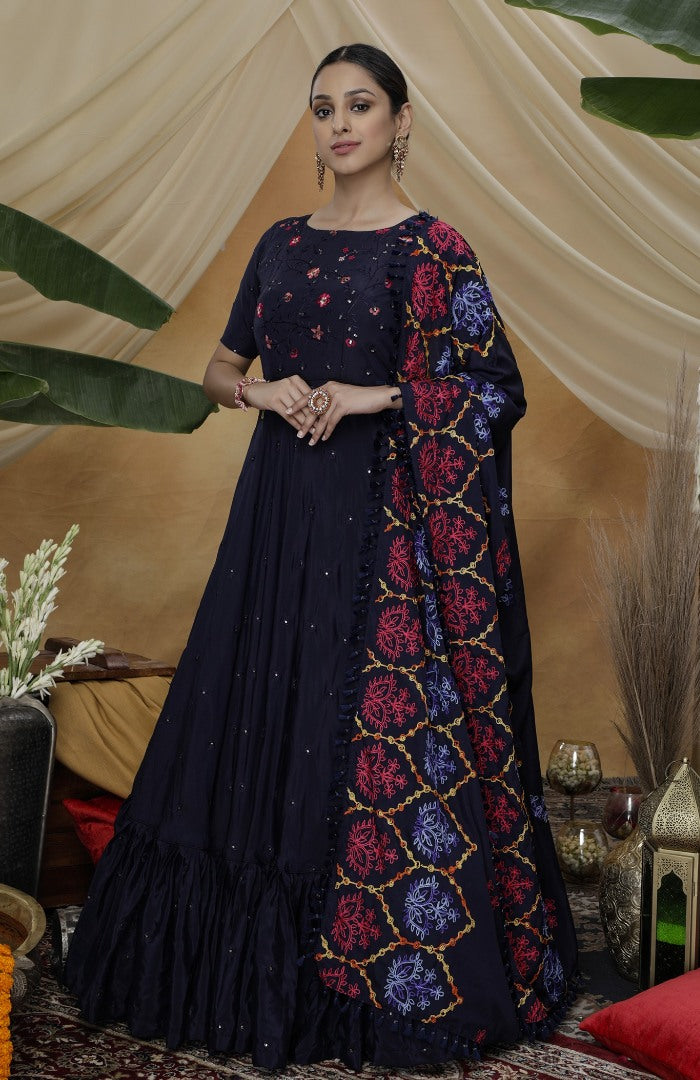 Navy blue silk sequence embroidered anarkali gown