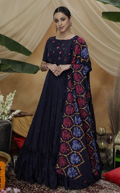 Navy blue silk sequence embroidered anarkali gown
