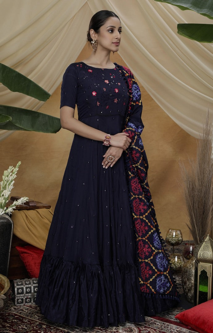 Navy blue silk sequence embroidered anarkali gown