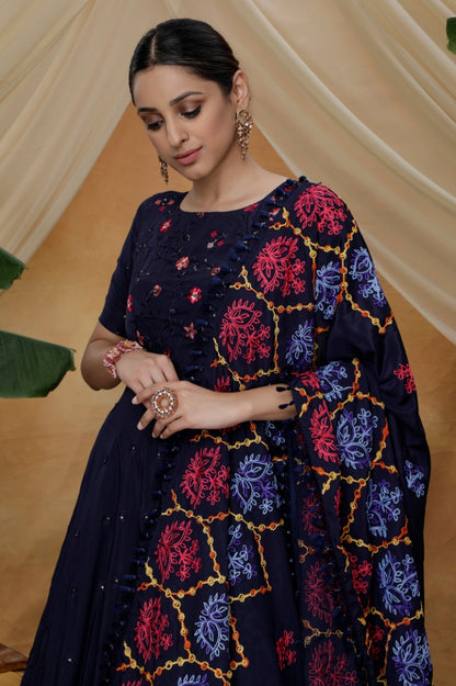Navy blue silk sequence embroidered anarkali gown