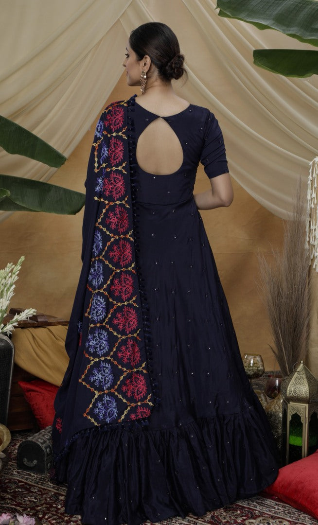 Navy blue silk sequence embroidered anarkali gown