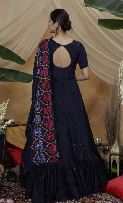 Navy blue silk sequence embroidered anarkali gown