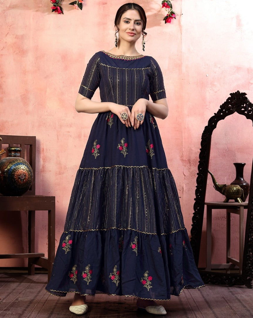 Navy blue silk sequence thread embroidered party wear gown