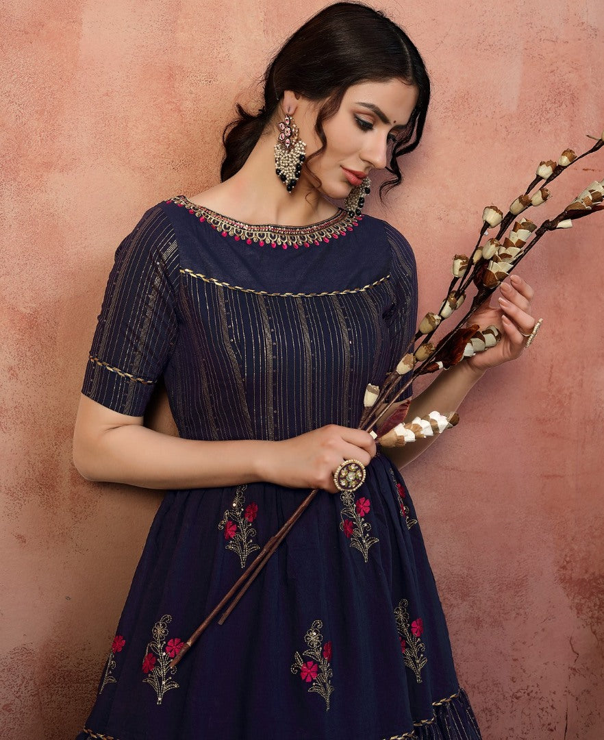 Navy blue silk sequence thread embroidered party wear gown