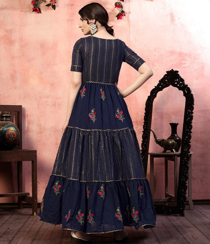 Navy blue silk sequence thread embroidered party wear gown