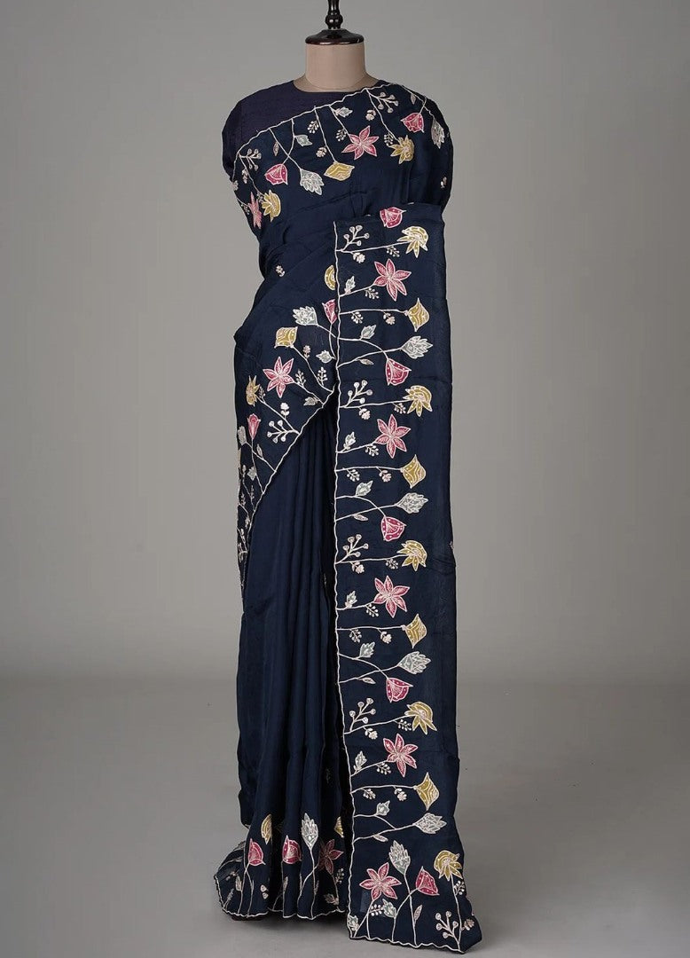 Navy blue silk thread and sequence work designer party wear saree