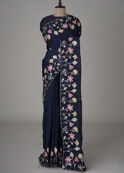 Navy blue silk thread and sequence work designer party wear saree