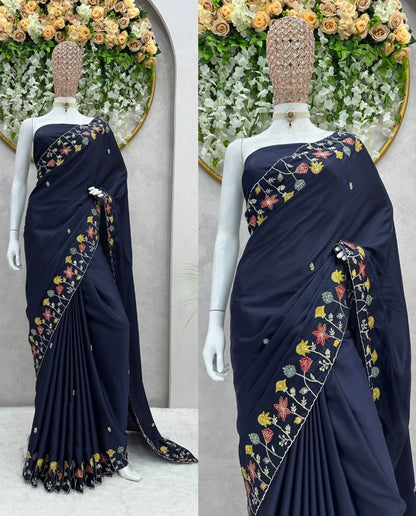 Navy blue silk thread and sequence work designer party wear saree