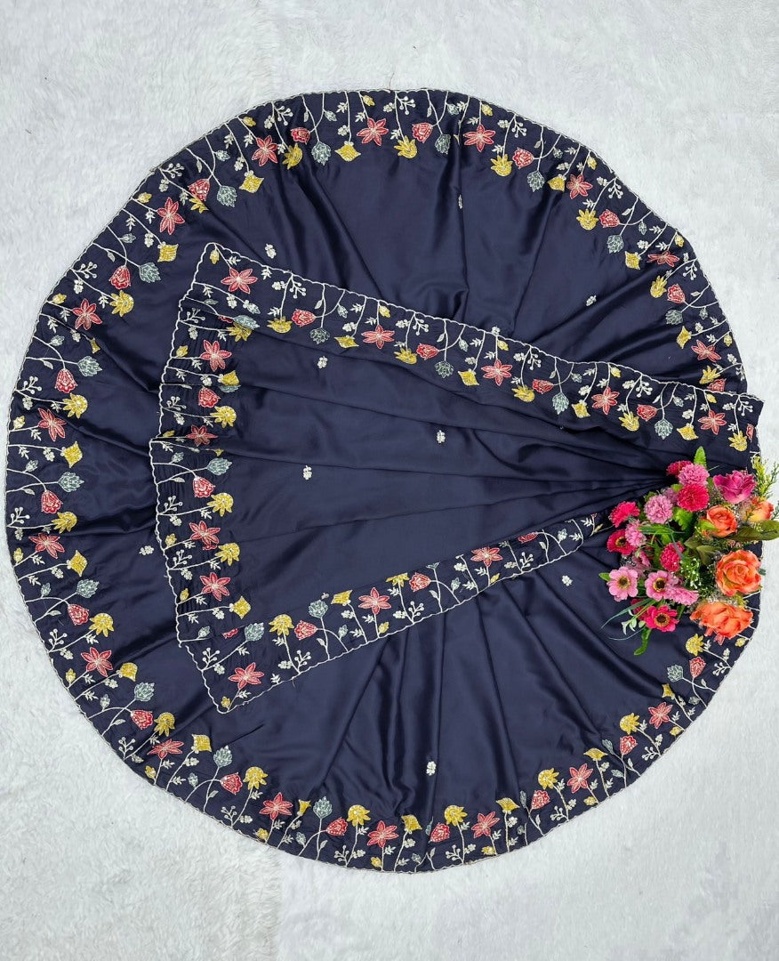 Navy blue silk thread and sequence work designer party wear saree