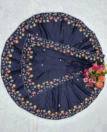 Navy blue silk thread and sequence work designer party wear saree