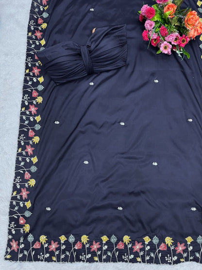 Navy blue silk thread and sequence work designer party wear saree