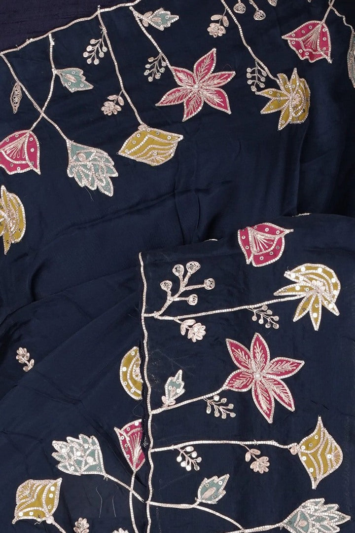 Navy blue silk thread and sequence work designer party wear saree