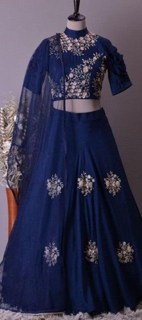 Navy blue sky silk embroidered partywear lehenga
