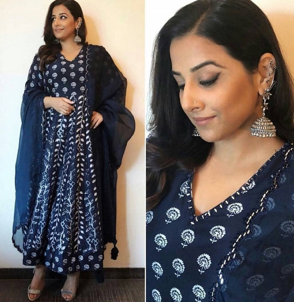 Navy blue slub banarasi silk heavy embroidered long anrkali suit