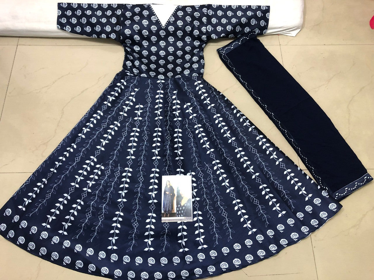 Navy blue slub banarasi silk heavy embroidered long anrkali suit