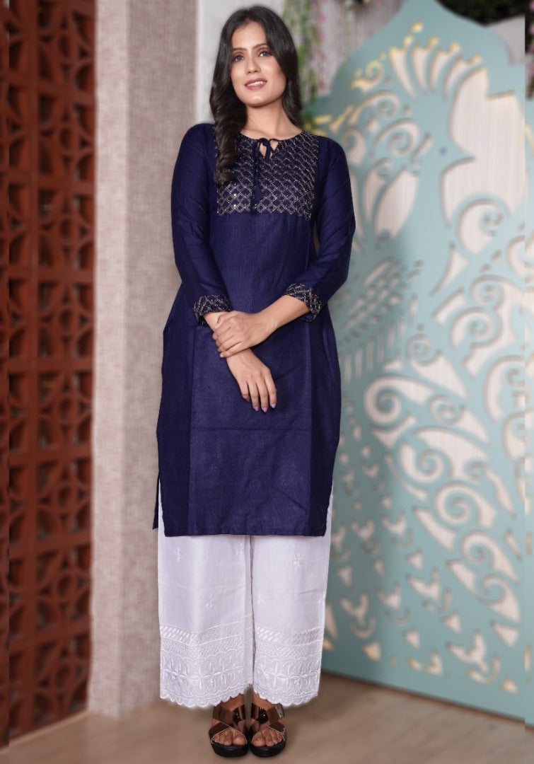 Navy blue slub embroidered plazzo kurti