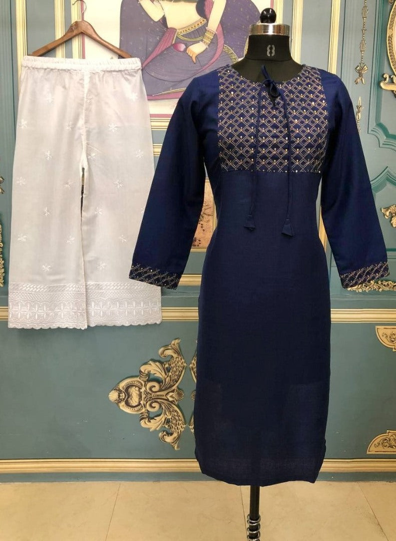 Navy blue slub embroidered plazzo kurti