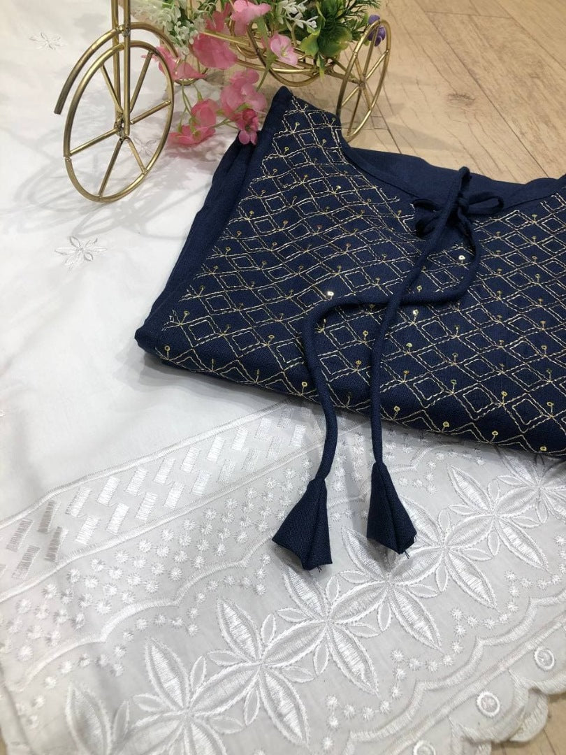Navy blue slub embroidered plazzo kurti