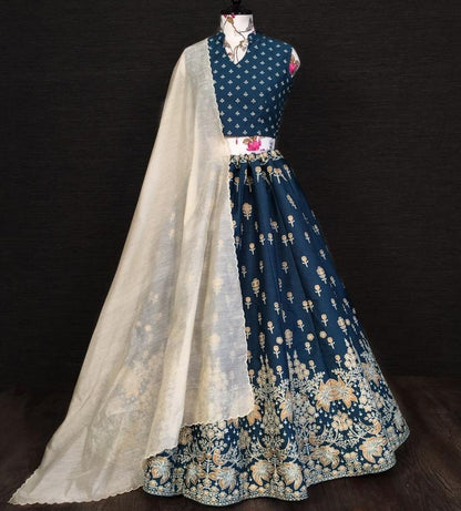 Navy blue slub silk zari and foil work party wear lehenga choli
