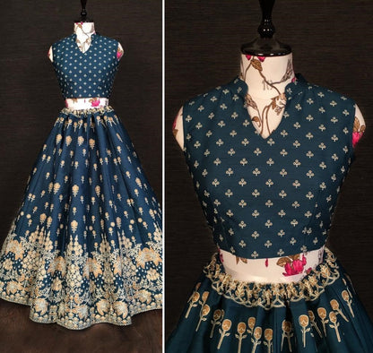 Navy blue slub silk zari and foil work party wear lehenga choli