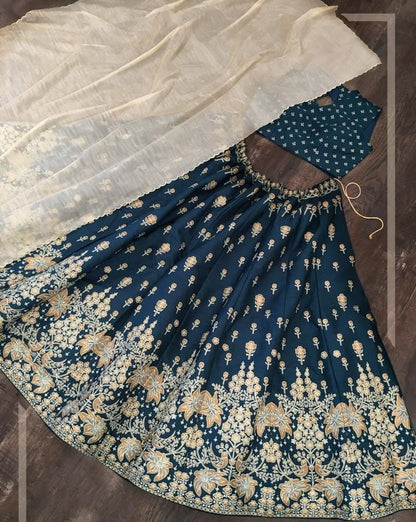 Navy blue slub silk zari and foil work party wear lehenga choli