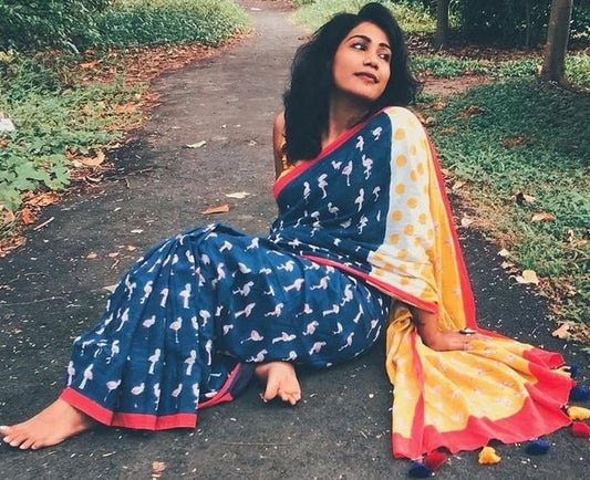 Navy blue soft chanderi digital printed zari border work saree