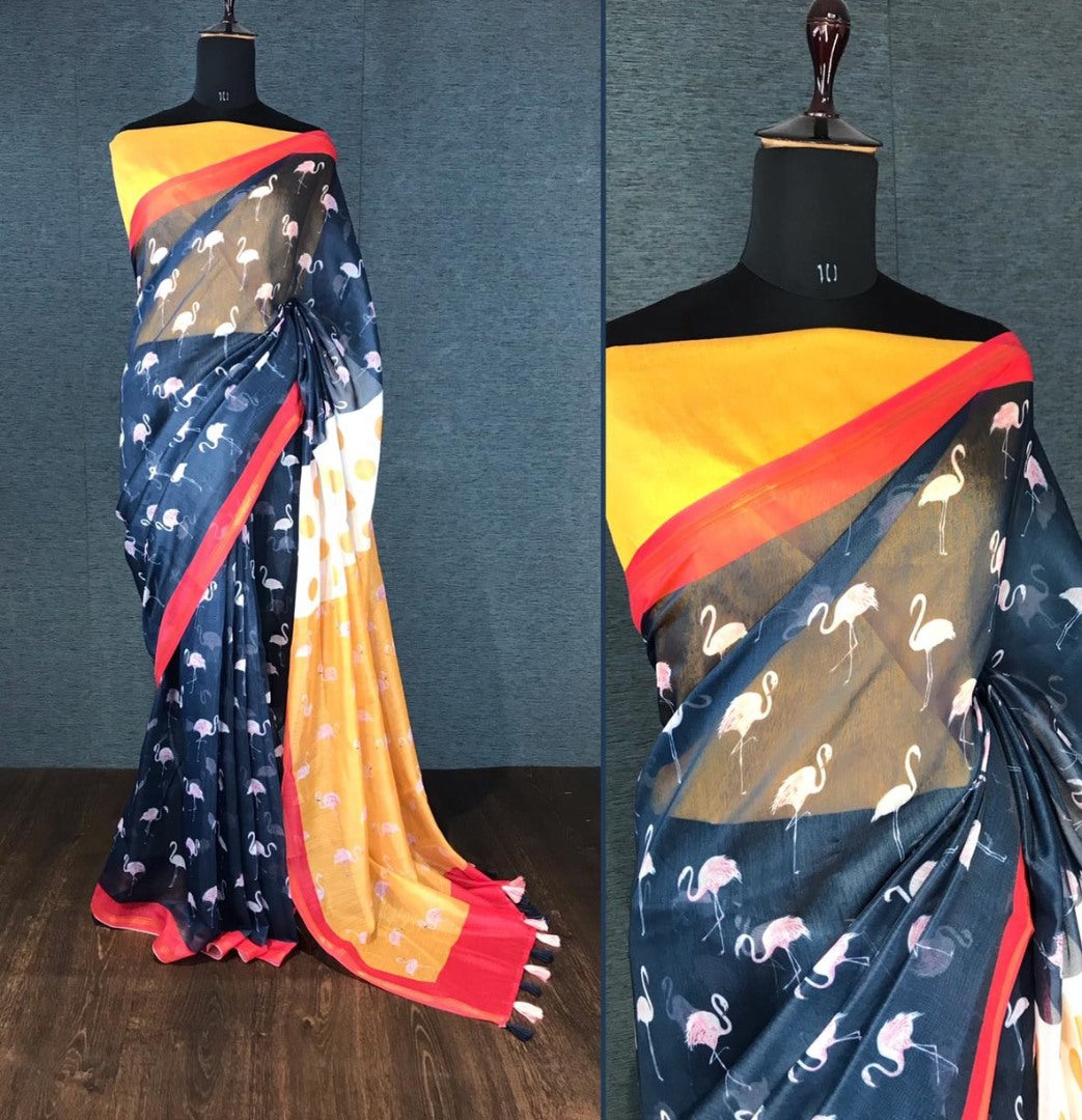 Navy blue soft chanderi digital printed zari border work saree