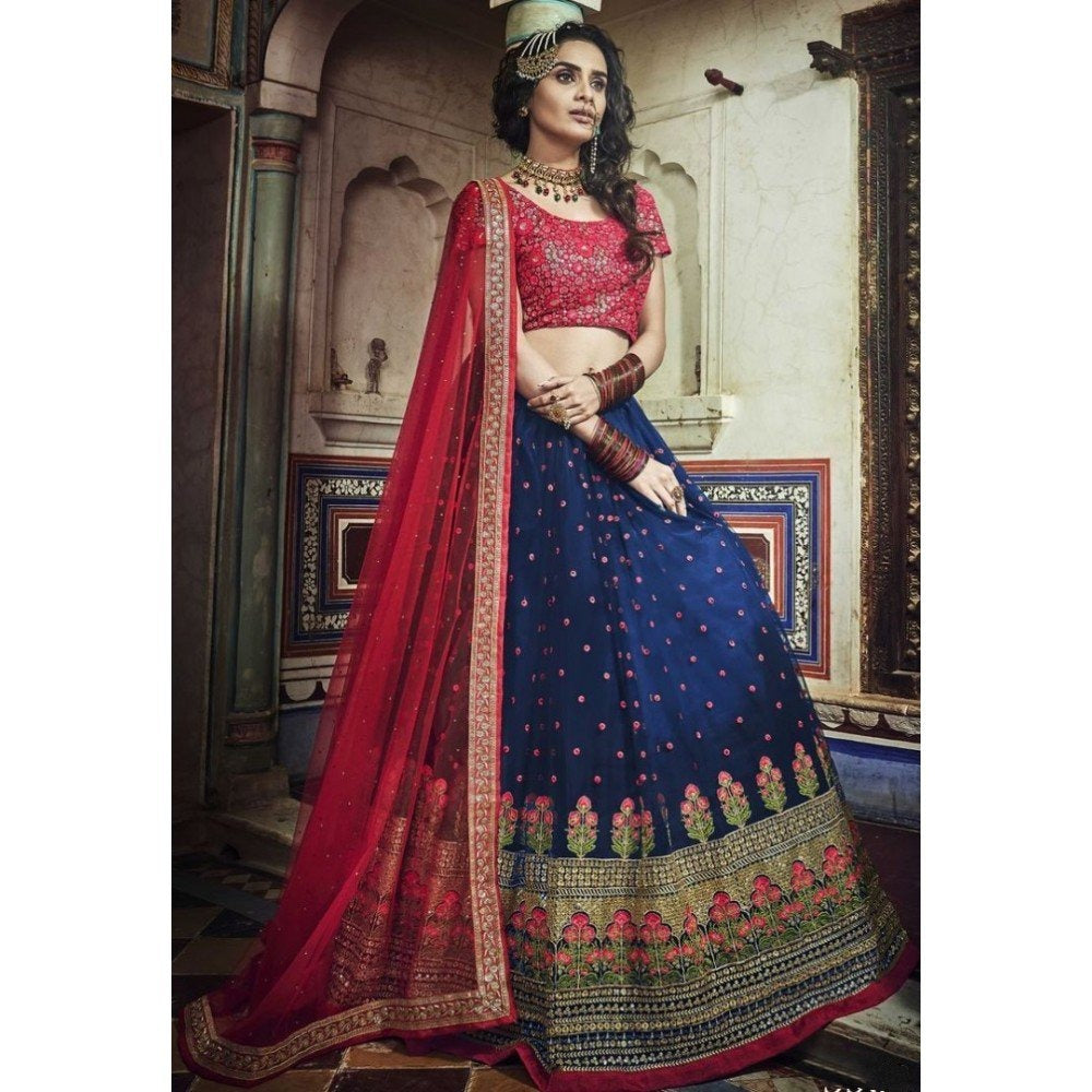 Navy blue soft net sequence pearl and thread work bridal lehenga choli