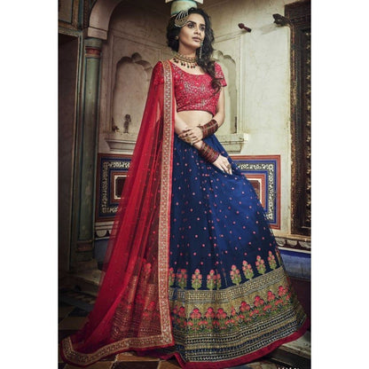 Navy blue soft net sequence pearl and thread work bridal lehenga choli