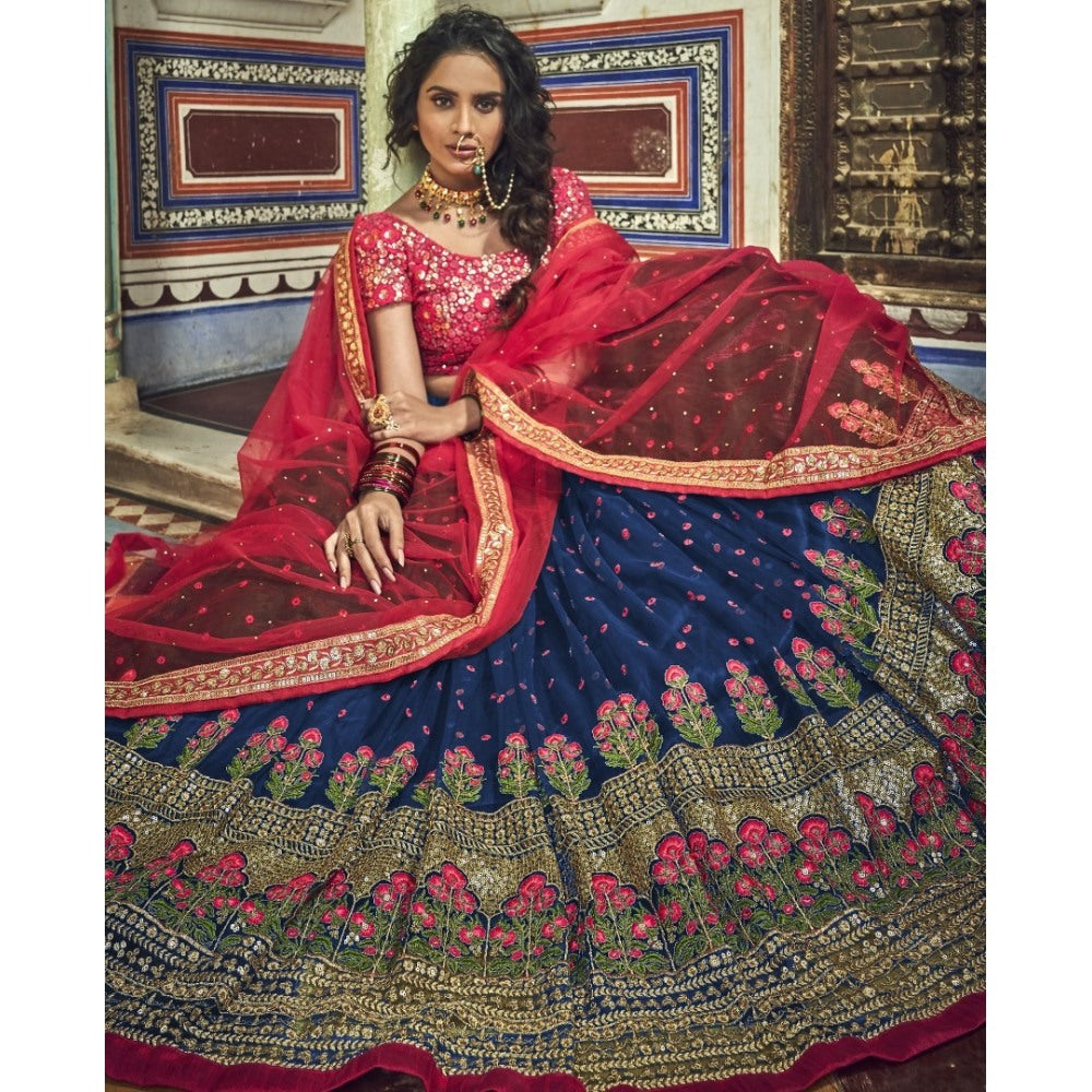 Navy blue soft net sequence pearl and thread work bridal lehenga choli