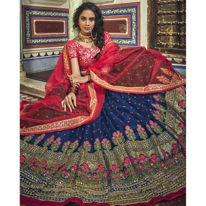 Navy blue soft net sequence pearl and thread work bridal lehenga choli