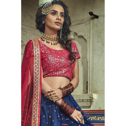 Navy blue soft net sequence pearl and thread work bridal lehenga choli