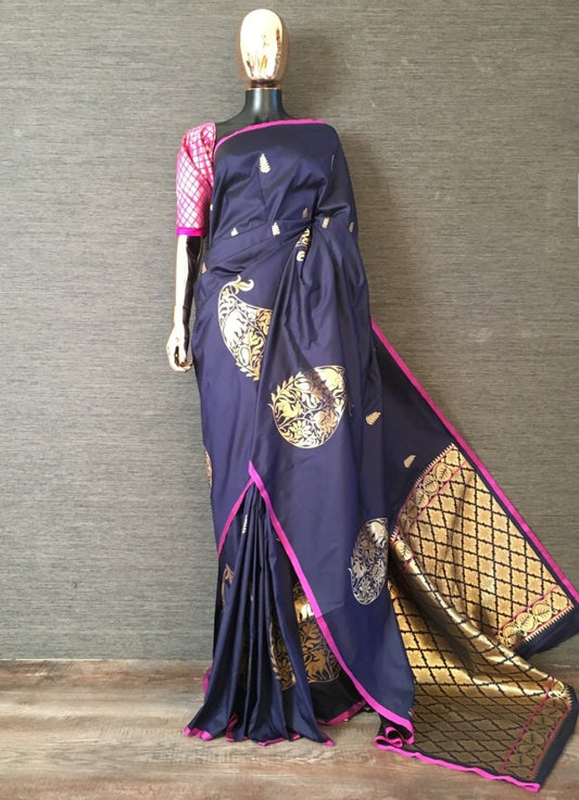 Navy blue soft silk saree