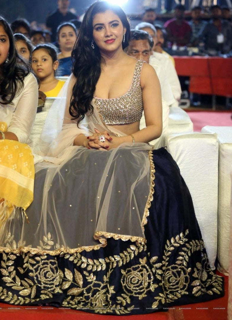 Navy blue tafeta silk embroidered ceremonial lehenga choli