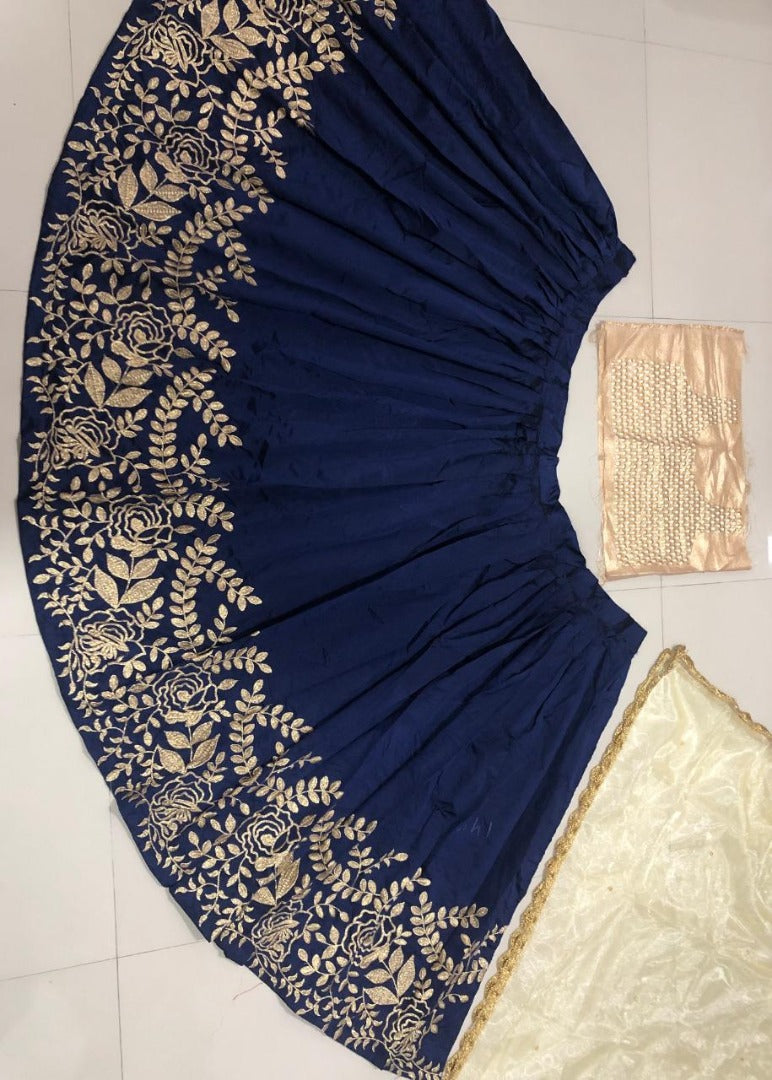 Navy blue tafeta silk embroidered ceremonial lehenga choli