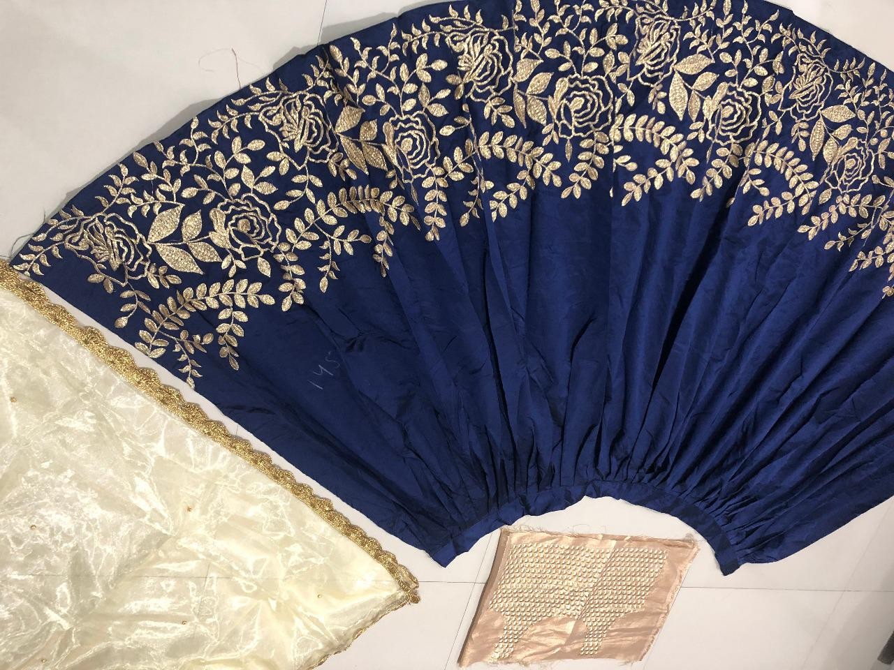 Navy blue tafeta silk embroidered ceremonial lehenga choli