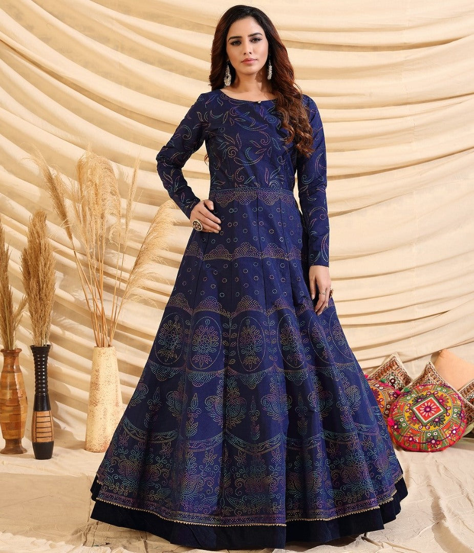 Navy blue tafetta silk pigment multi color foil party wear gown